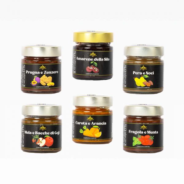 Set di composte - Prugne e zenzero, pere e noci, carote e arance, mele e bacche di Goji, fragola e menta, amarene della Sila